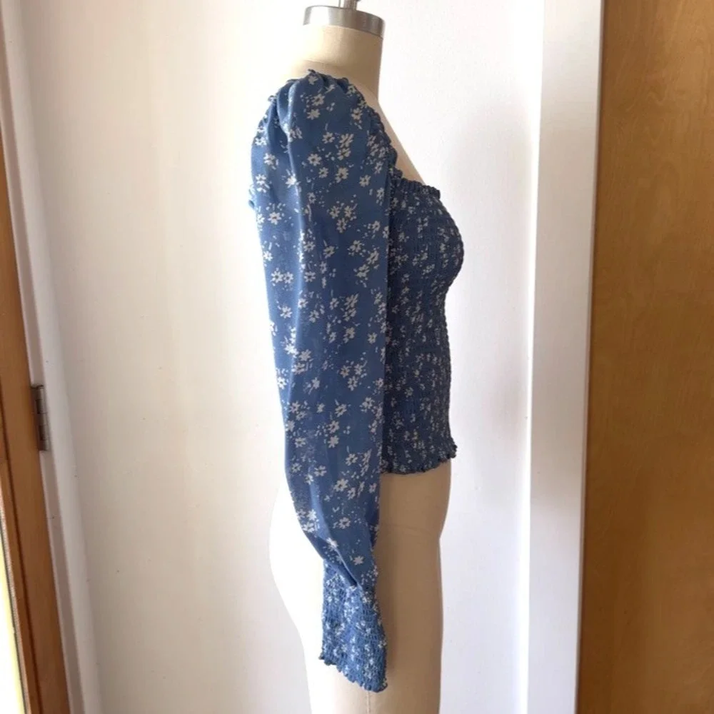 Reformation Pinto Top-Lassen Blue Floral-Smocked Georgette Long Sleeve Blouse-M